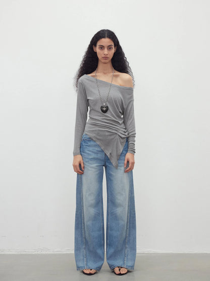 Asymmetric Shoulder Striped Tencel Wool Stretch Long Sleeve Top