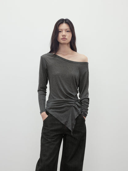 AFTADAWN Asymmetric Shoulder Striped Tencel Wool Stretch Long Sleeve Top
