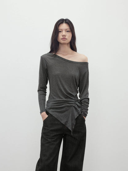 Asymmetric Shoulder Striped Tencel Wool Stretch Long Sleeve Top
