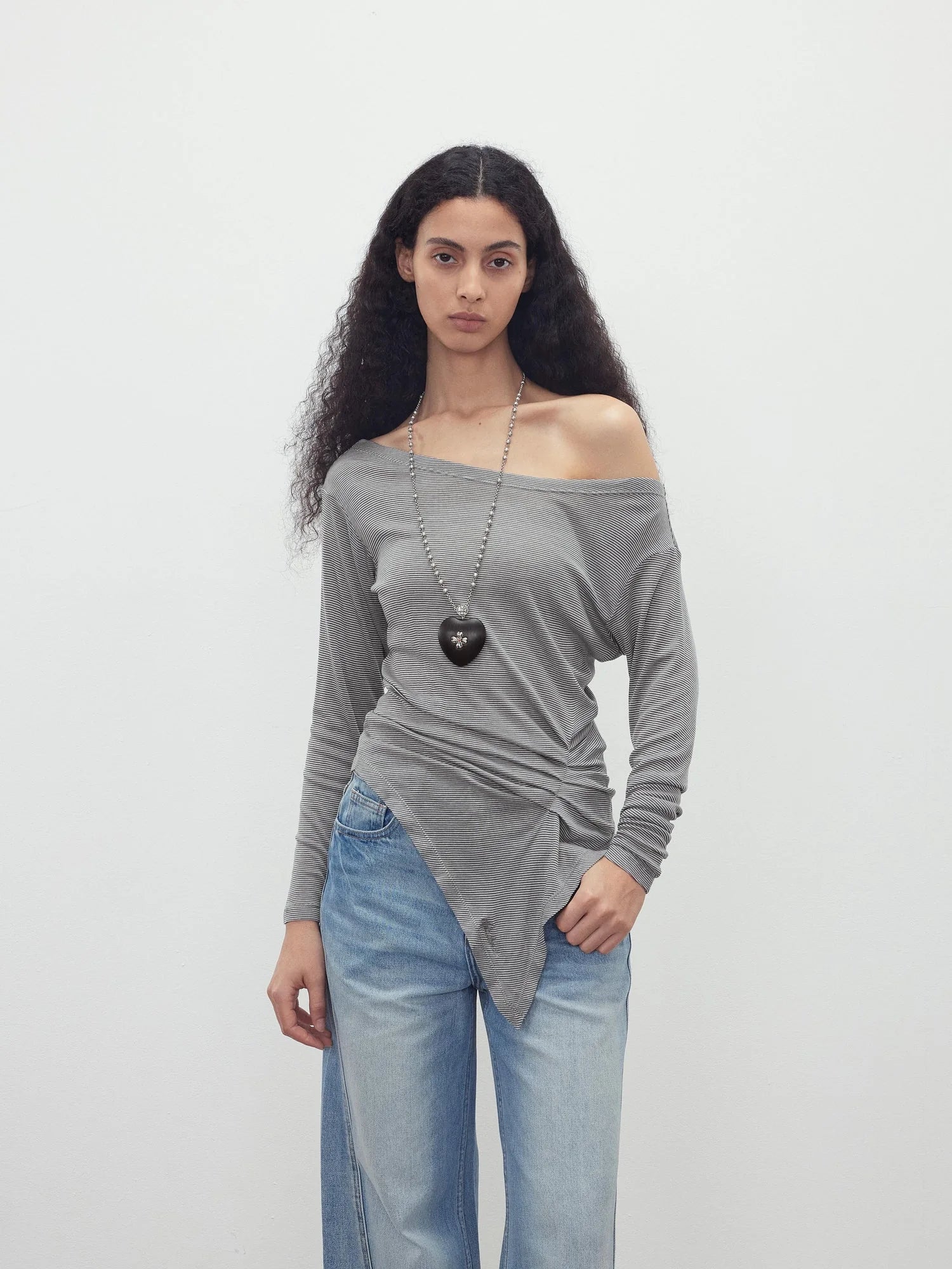 Asymmetric Shoulder Striped Tencel Wool Stretch Long Sleeve Top