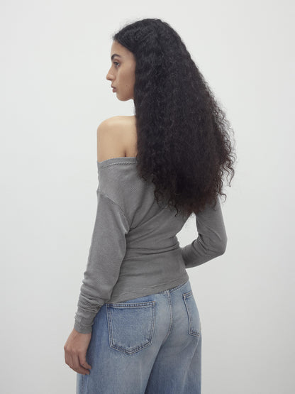 AFTADAWN Asymmetric Shoulder Striped Tencel Wool Stretch Long Sleeve Top