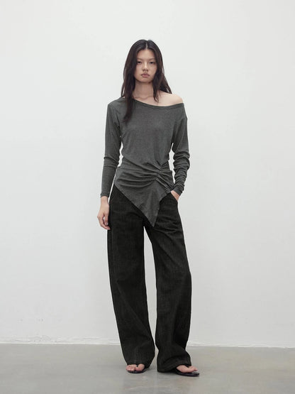 Asymmetric Shoulder Striped Tencel Wool Stretch Long Sleeve Top