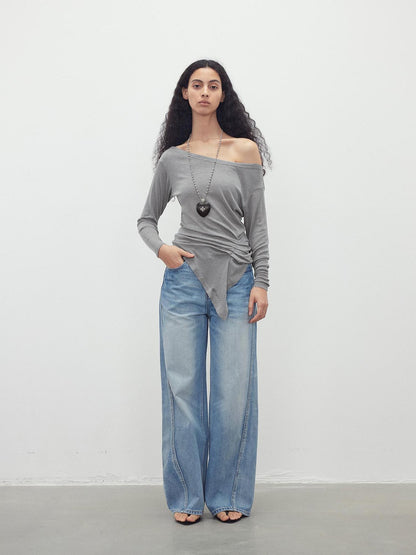 AFTADAWN Asymmetric Shoulder Striped Tencel Wool Stretch Long Sleeve Top