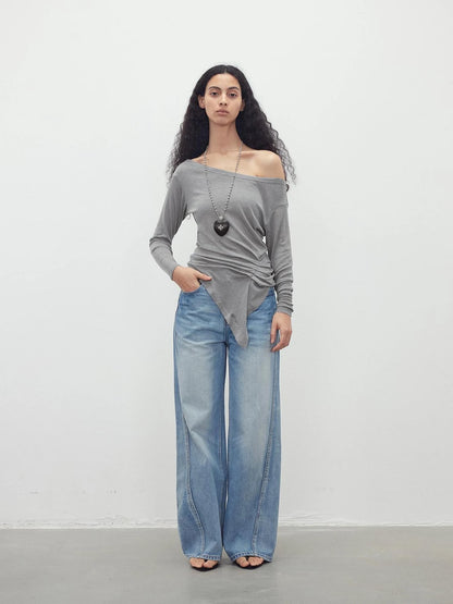 Asymmetric Shoulder Striped Tencel Wool Stretch Long Sleeve Top