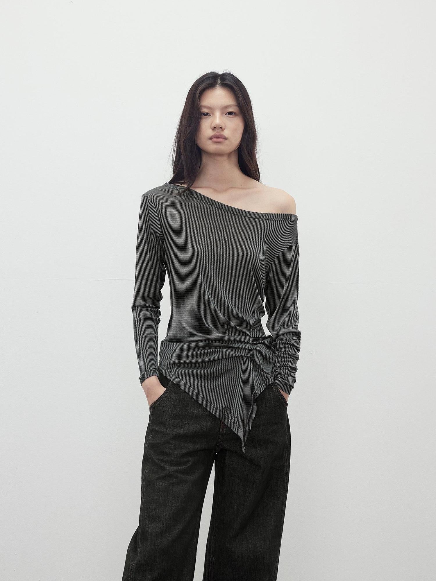 AFTADAWN Asymmetric Shoulder Striped Tencel Wool Stretch Long Sleeve Top