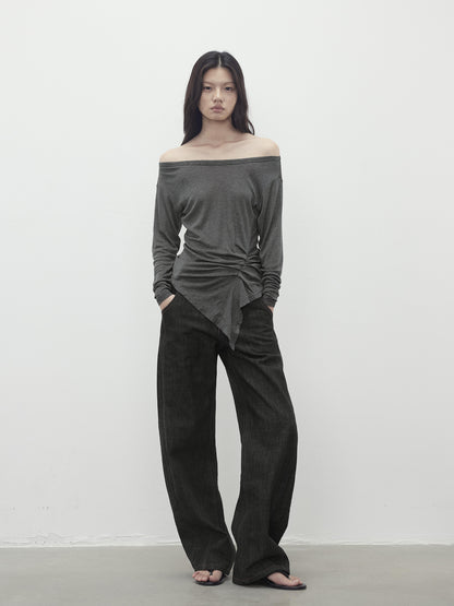 AFTADAWN Asymmetric Shoulder Striped Tencel Wool Stretch Long Sleeve Top