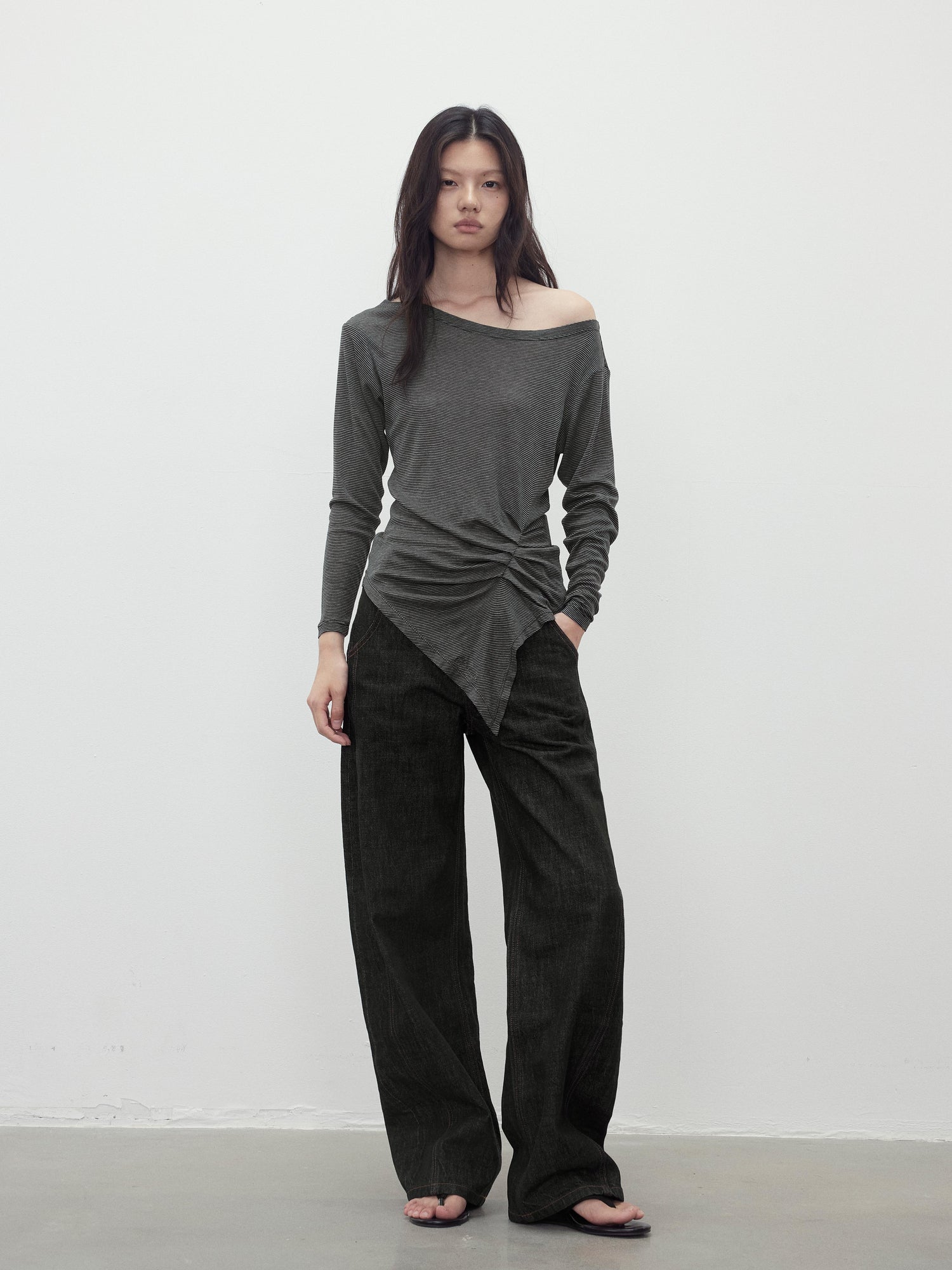 AFTADAWN Asymmetric Shoulder Striped Tencel Wool Stretch Long Sleeve Top
