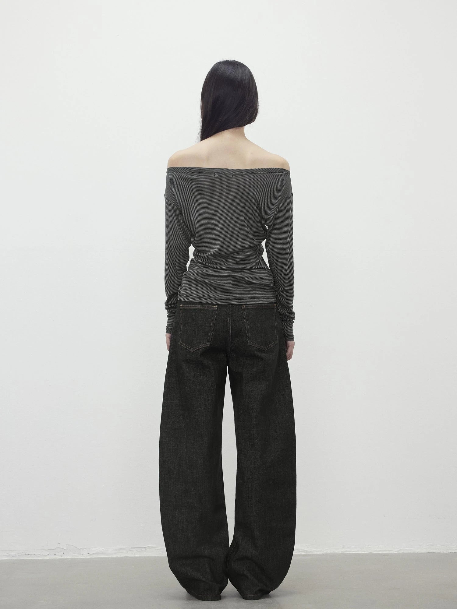 Asymmetric Shoulder Striped Tencel Wool Stretch Long Sleeve Top