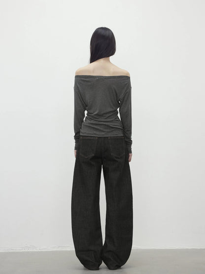 Asymmetric Shoulder Striped Tencel Wool Stretch Long Sleeve Top