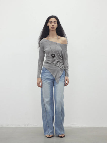 Asymmetric Shoulder Striped Tencel Wool Stretch Long Sleeve Top