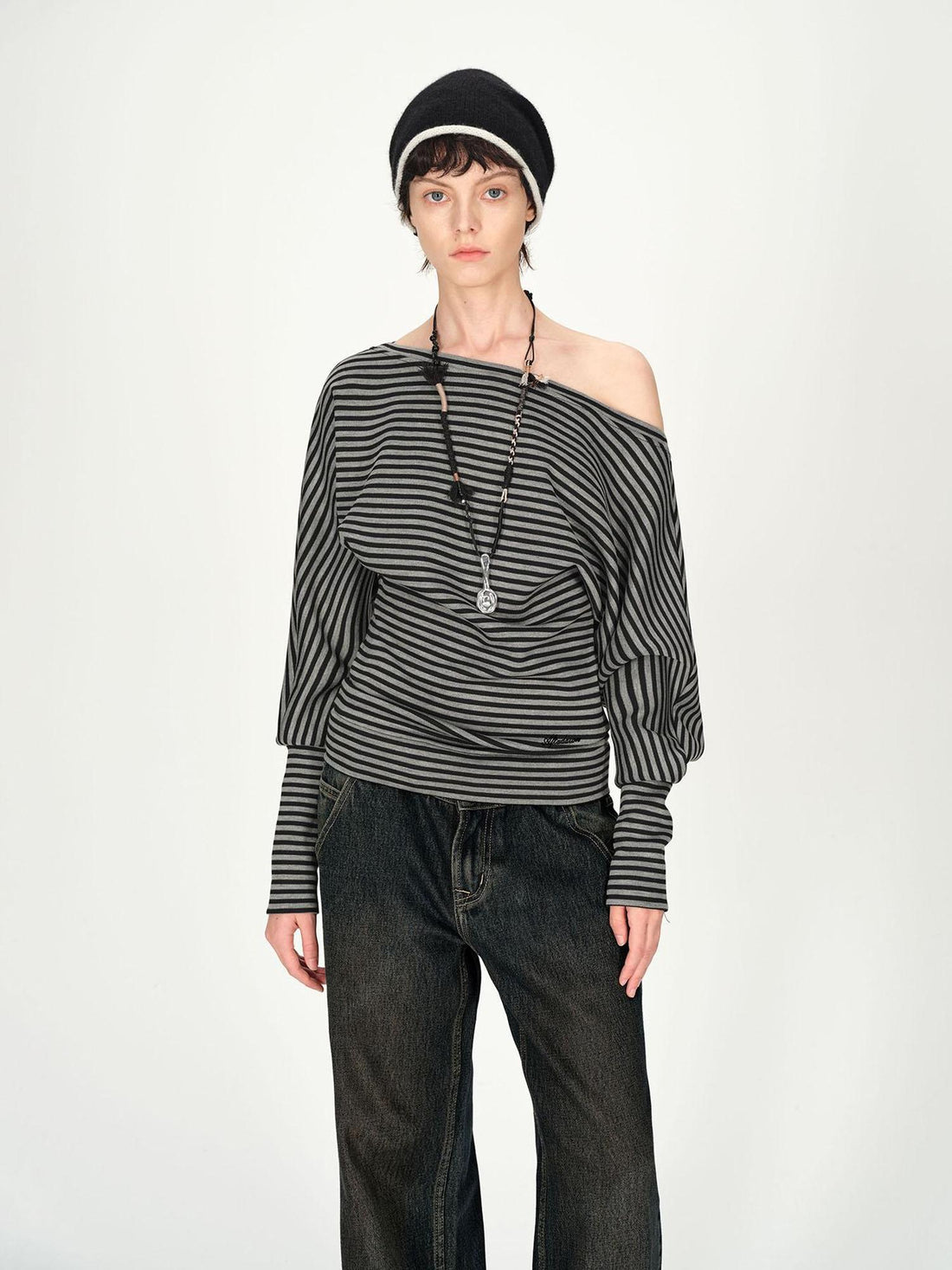AFTADAWN Asymmetric Shoulder Striped Top With Pleated Detail