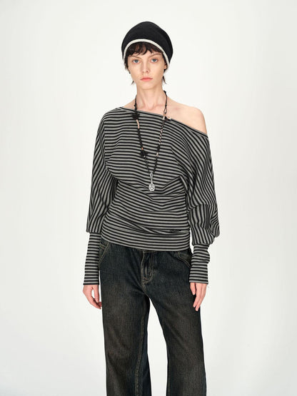 AFTADAWN Asymmetric Shoulder Striped Top With Pleated Detail