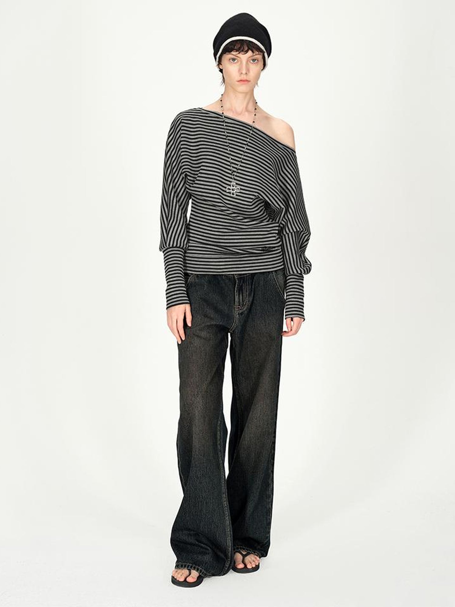 AFTADAWN Asymmetric Shoulder Striped Top With Pleated Detail