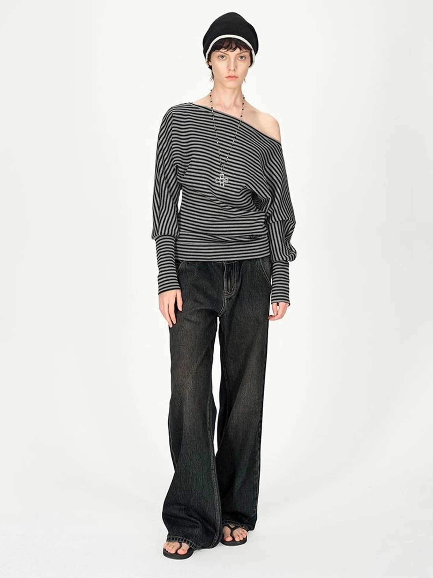 Asymmetric Shoulder Striped Top With Pleated Detail