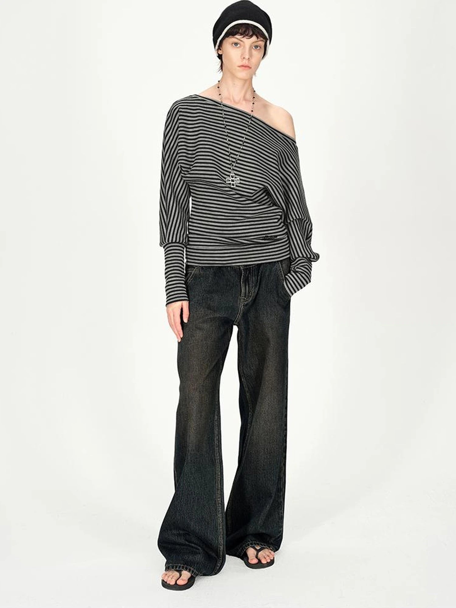 Asymmetric Shoulder Striped Top With Pleated Detail