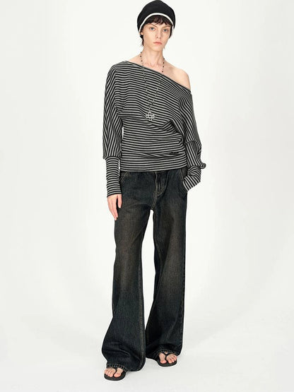 Asymmetric Shoulder Striped Top With Pleated Detail