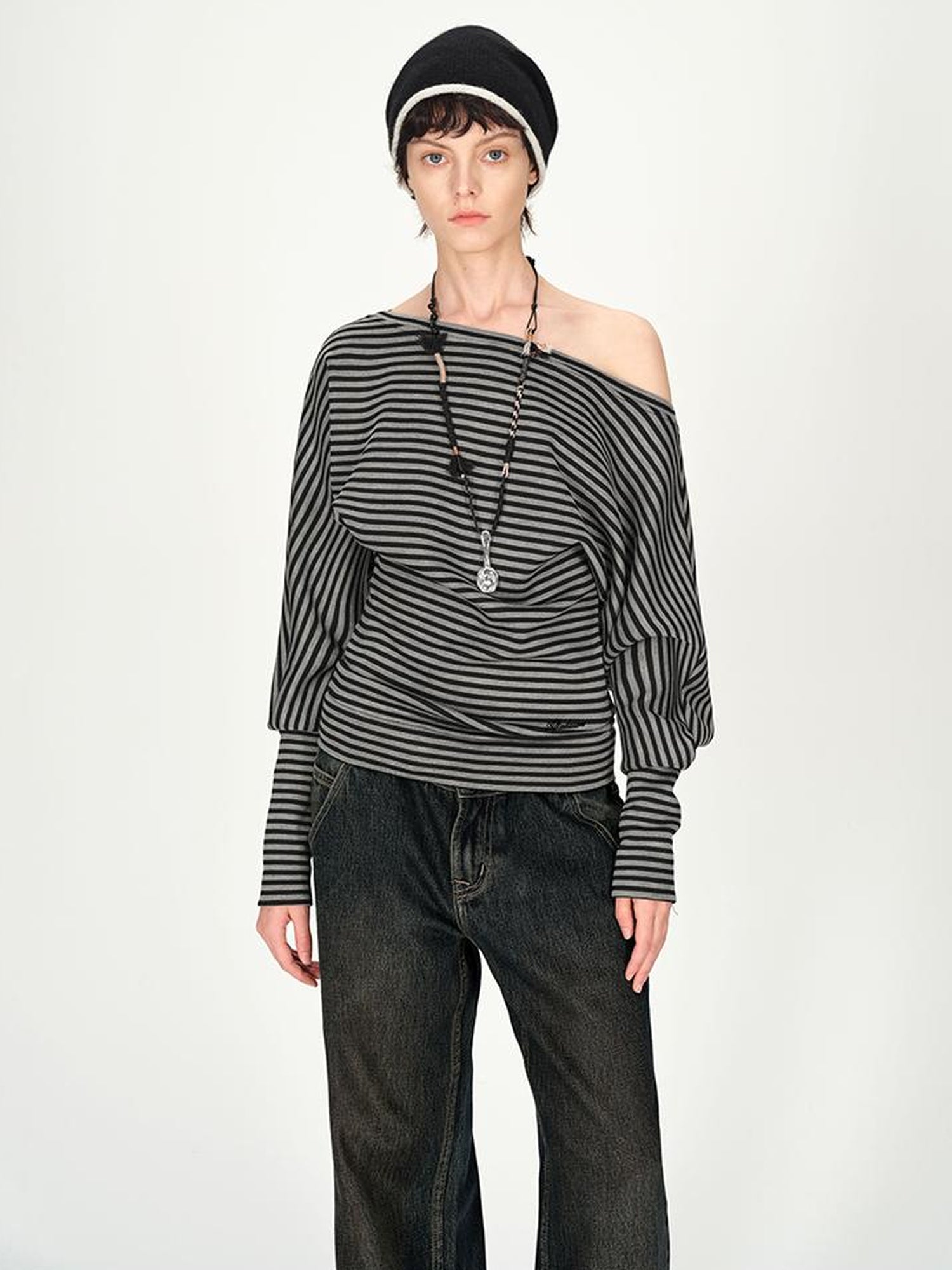 AFTADAWN Asymmetric Shoulder Striped Top With Pleated Detail