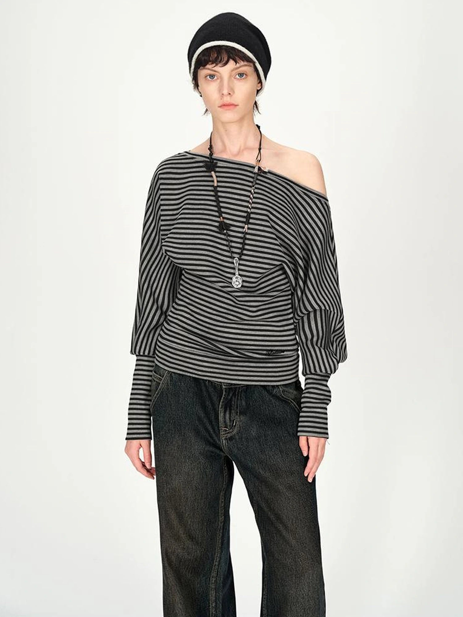 Asymmetric Shoulder Striped Top With Pleated Detail