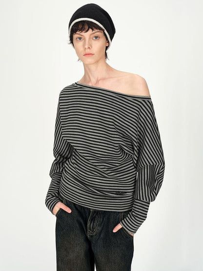AFTADAWN Asymmetric Shoulder Striped Top With Pleated Detail