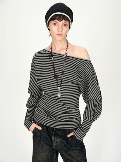AFTADAWN Asymmetric Shoulder Striped Top With Pleated Detail
