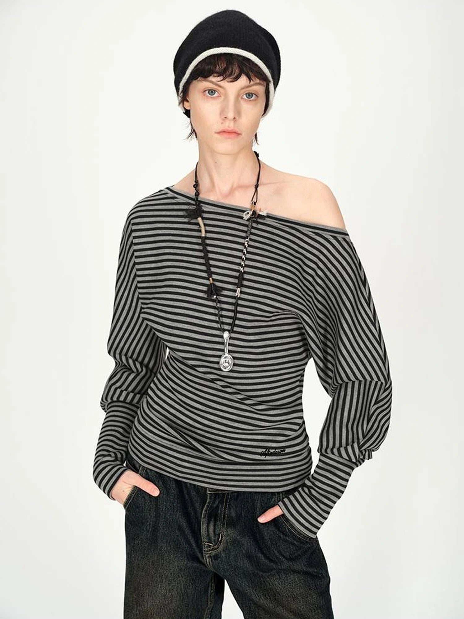 Asymmetric Shoulder Striped Top With Pleated Detail