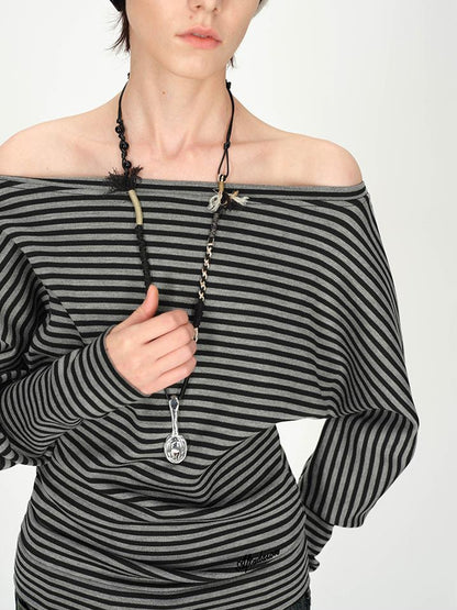 AFTADAWN Asymmetric Shoulder Striped Top With Pleated Detail