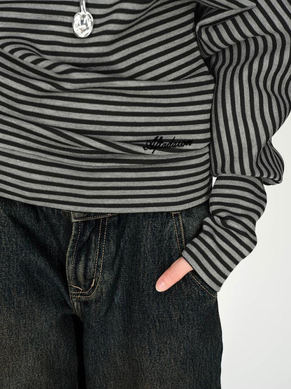 AFTADAWN Asymmetric Shoulder Striped Top With Pleated Detail
