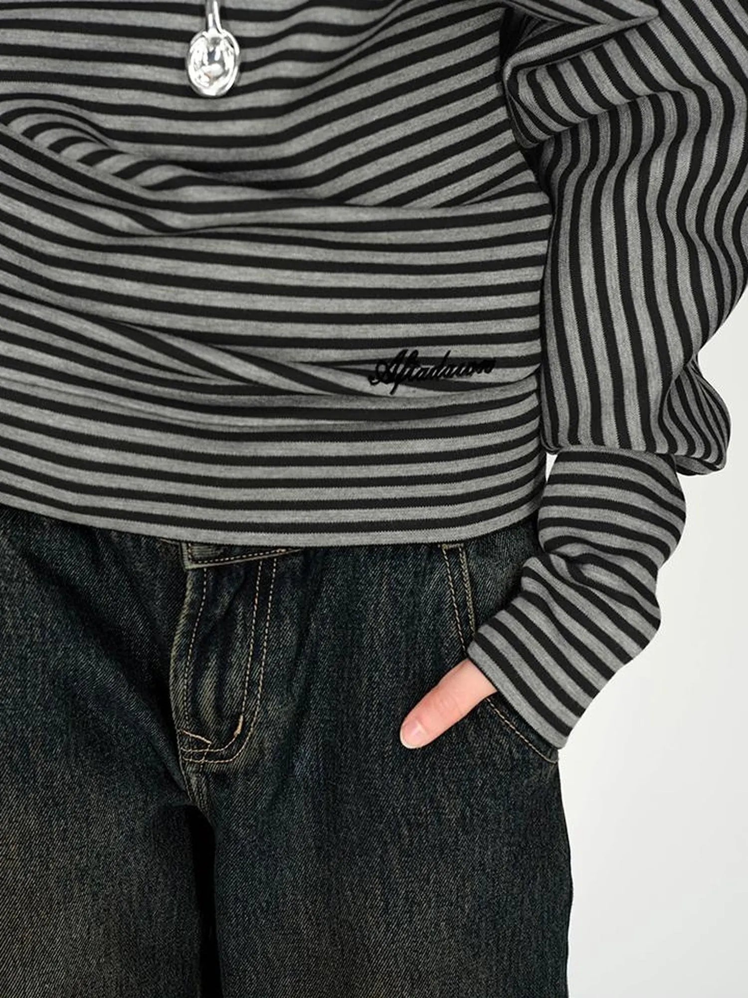 Asymmetric Shoulder Striped Top With Pleated Detail