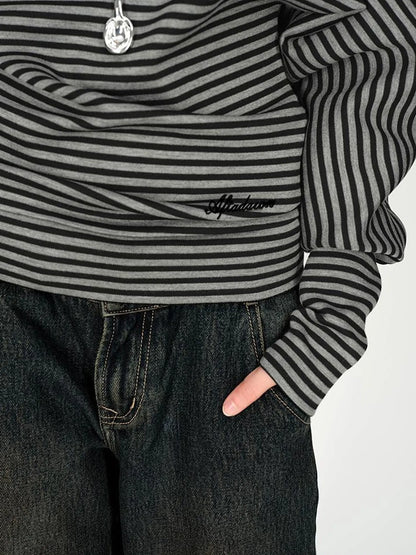 Asymmetric Shoulder Striped Top With Pleated Detail