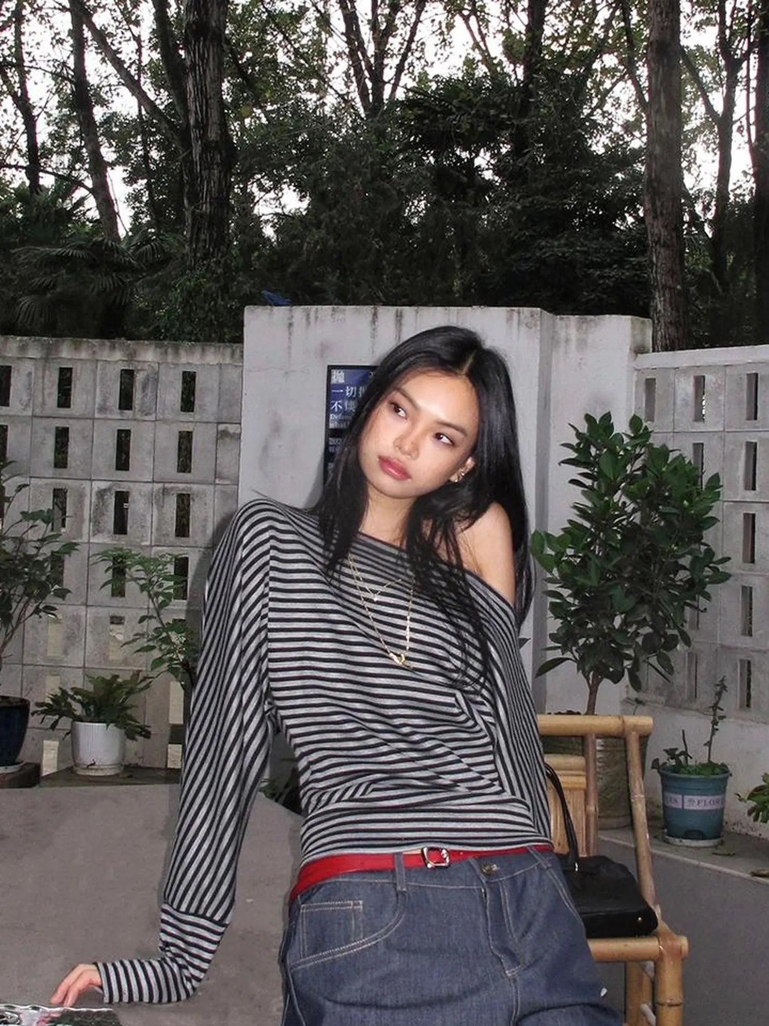 Asymmetric Shoulder Striped Top With Pleated Detail