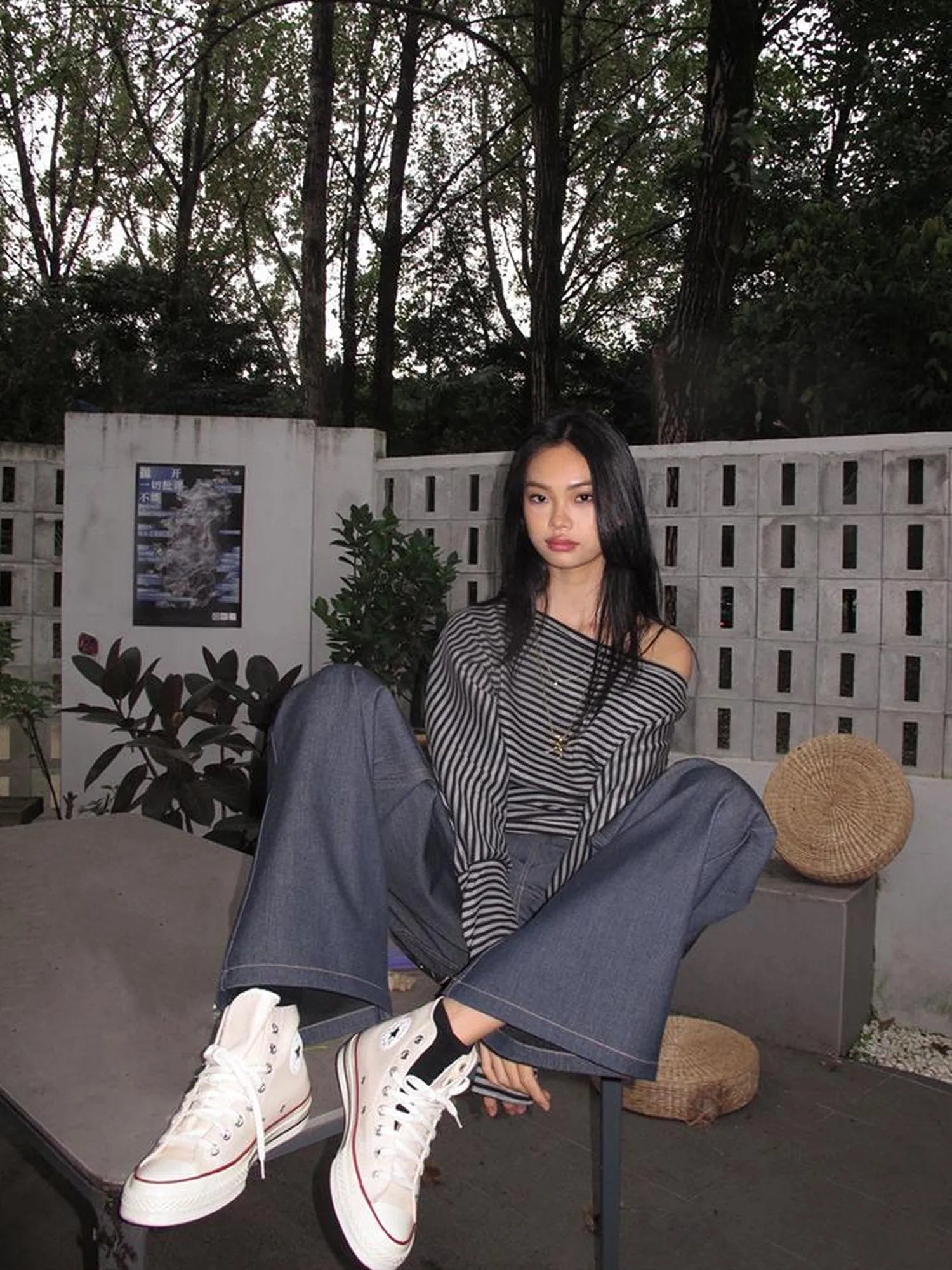 Asymmetric Shoulder Striped Top With Pleated Detail