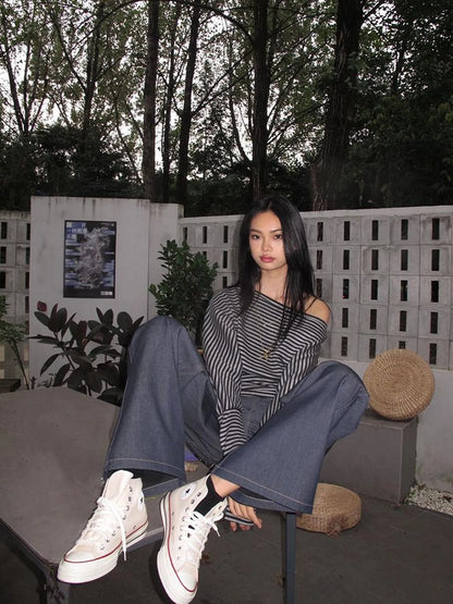 Asymmetric Shoulder Striped Top With Pleated Detail