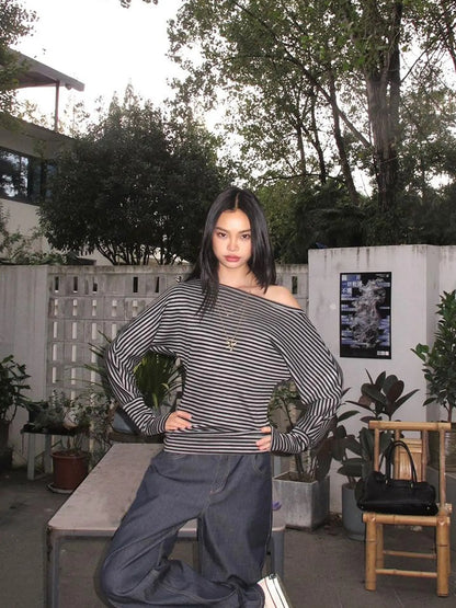 Asymmetric Shoulder Striped Top With Pleated Detail