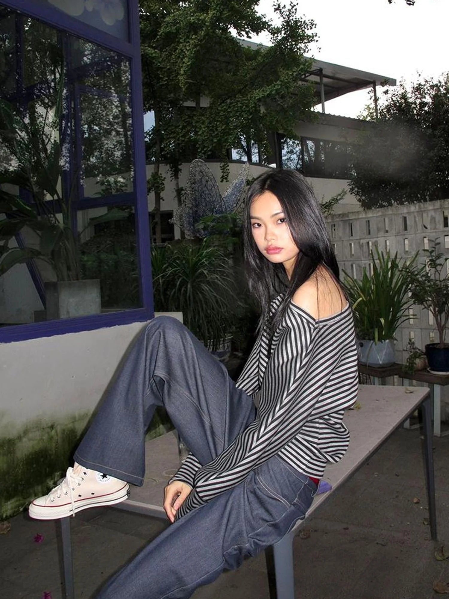 Asymmetric Shoulder Striped Top With Pleated Detail