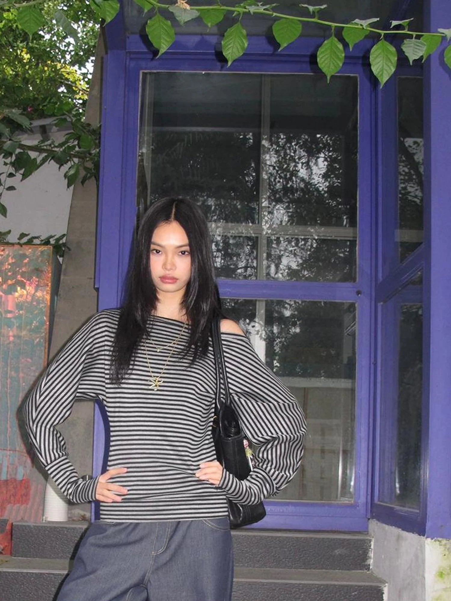 Asymmetric Shoulder Striped Top With Pleated Detail