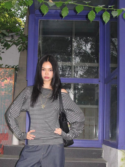 Asymmetric Shoulder Striped Top With Pleated Detail