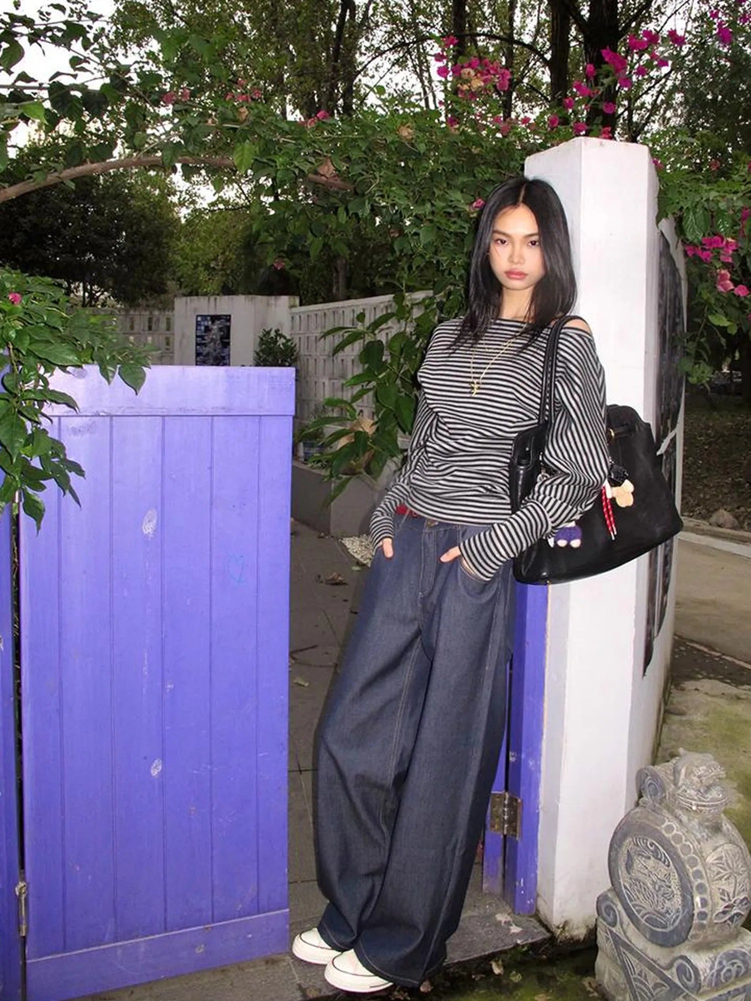 Asymmetric Shoulder Striped Top With Pleated Detail