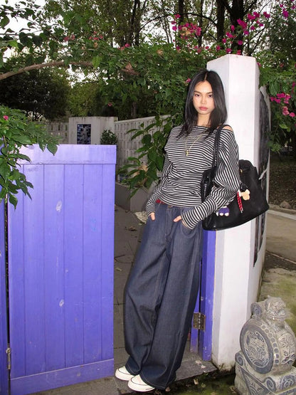 Asymmetric Shoulder Striped Top With Pleated Detail