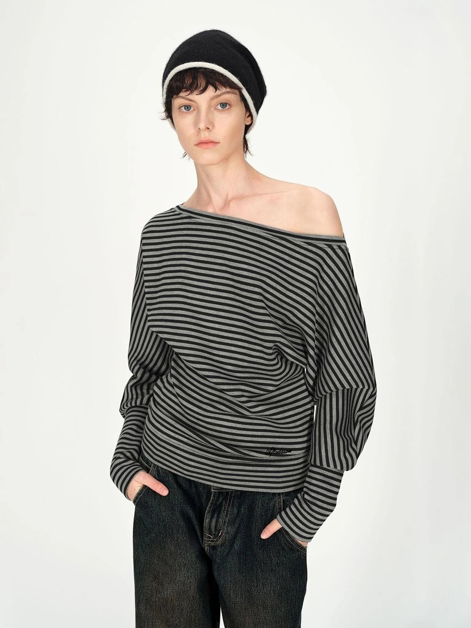 Asymmetric Shoulder Striped Top With Pleated Detail
