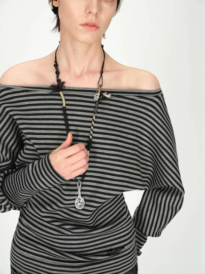 Asymmetric Shoulder Striped Top With Pleated Detail