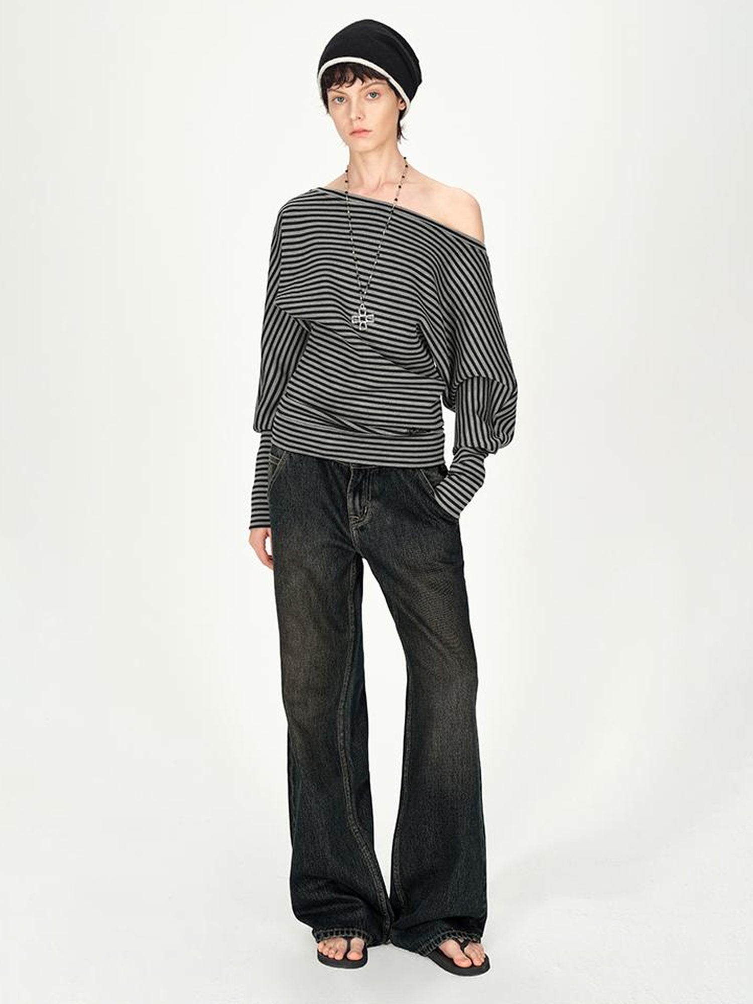 AFTADAWN Asymmetric Shoulder Striped Top With Pleated Detail