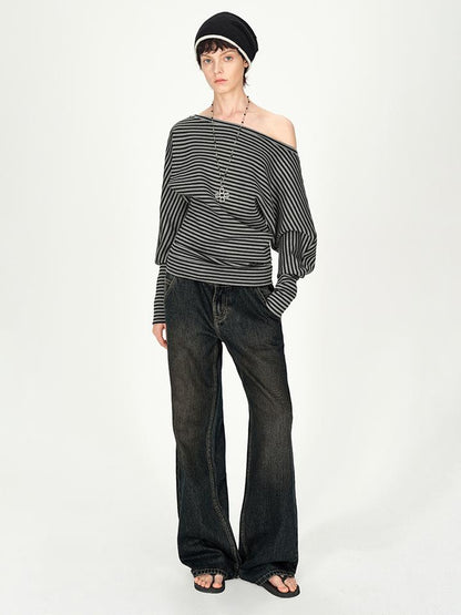 AFTADAWN Asymmetric Shoulder Striped Top With Pleated Detail