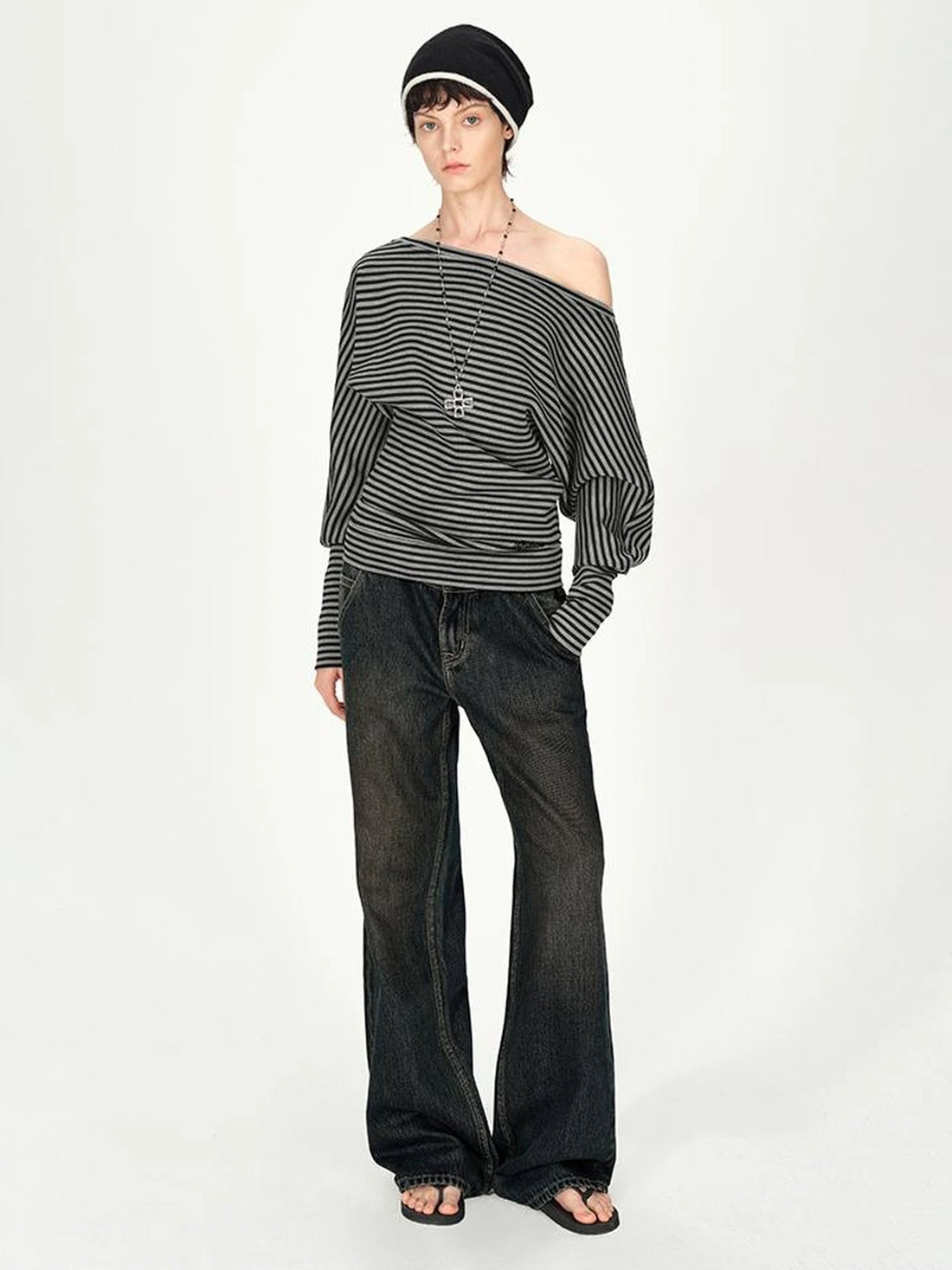 Asymmetric Shoulder Striped Top With Pleated Detail