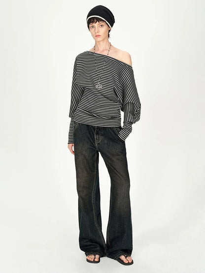 Asymmetric Shoulder Striped Top With Pleated Detail