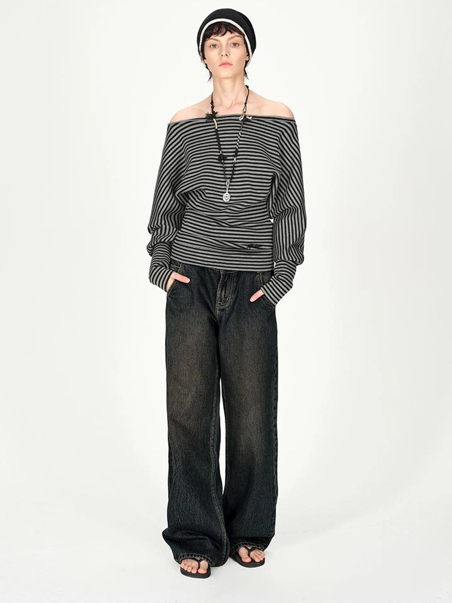 Asymmetric Shoulder Striped Top With Pleated Detail