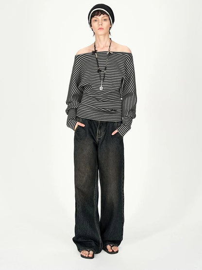 Asymmetric Shoulder Striped Top With Pleated Detail