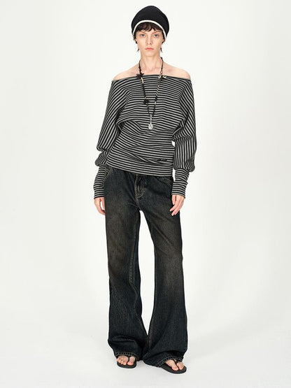 AFTADAWN Asymmetric Shoulder Striped Top With Pleated Detail