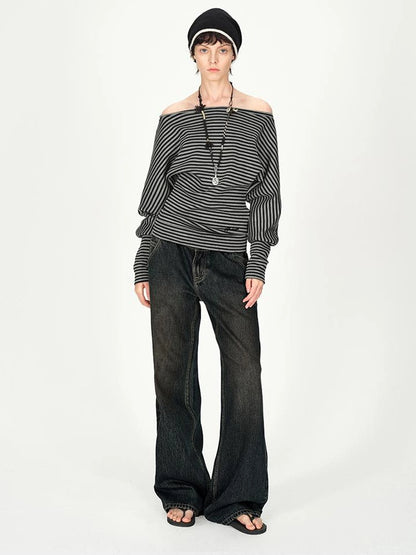 Asymmetric Shoulder Striped Top With Pleated Detail