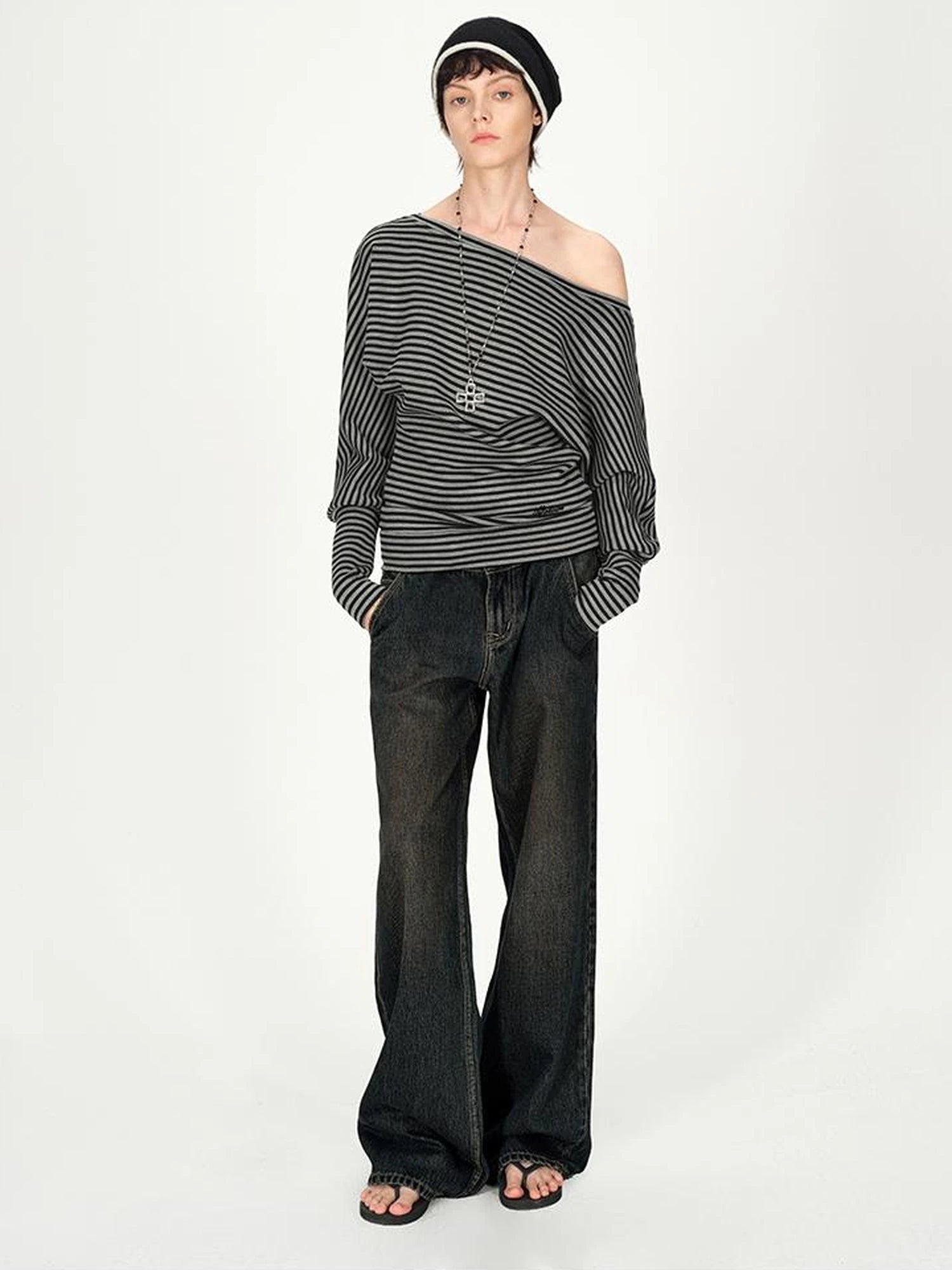 Asymmetric Shoulder Striped Top With Pleated Detail