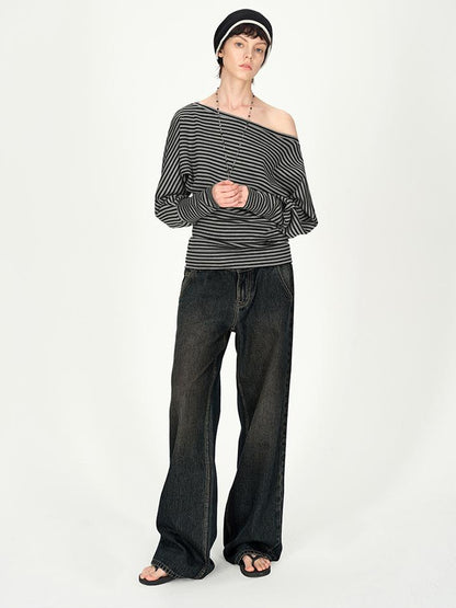 AFTADAWN Asymmetric Shoulder Striped Top With Pleated Detail